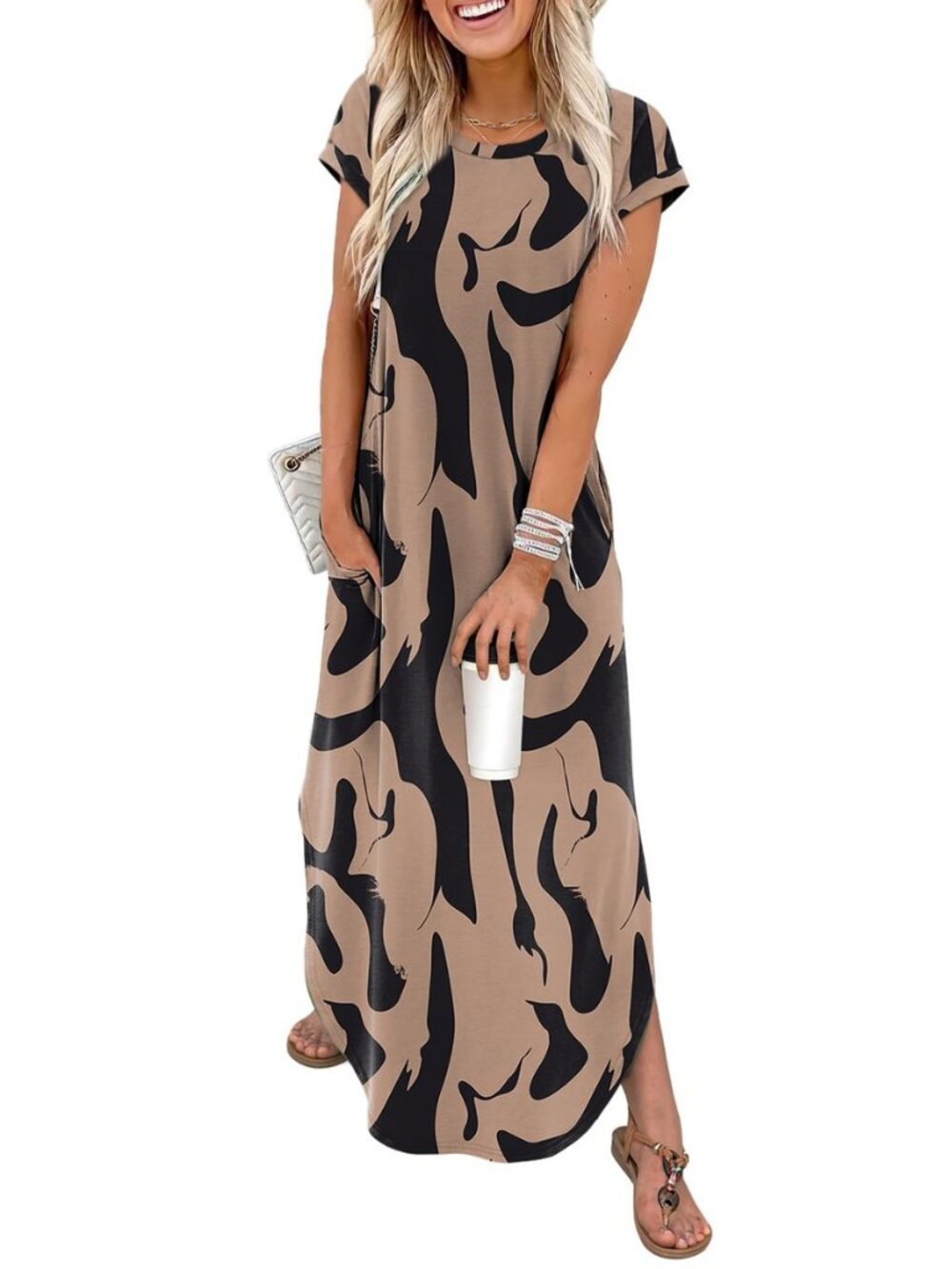 Summer Dresses Cap Sleeve Crewneck Maxi Long Casual Dress with Pockets Beach